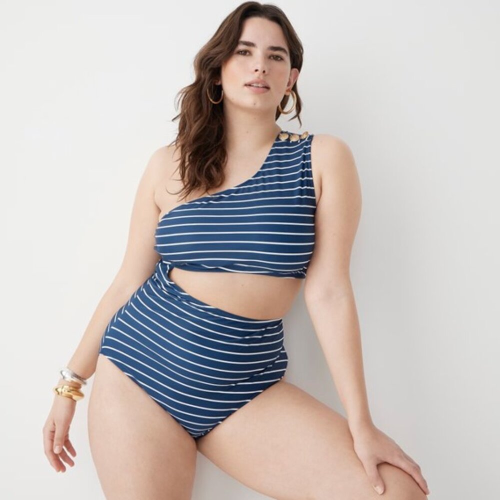 J.Crew Cutout One-piece Full-coverage Swimsuit With Buttons, Navy Stripe, 10 NWT